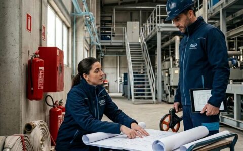Técnico de manutenção em usina de aquecimentoTrabalhadores petroquímicos supervisionam operação de gasodutos e oleodutos na fábricaEngenheiros colocam protetor auditivo em sala com muitos canos