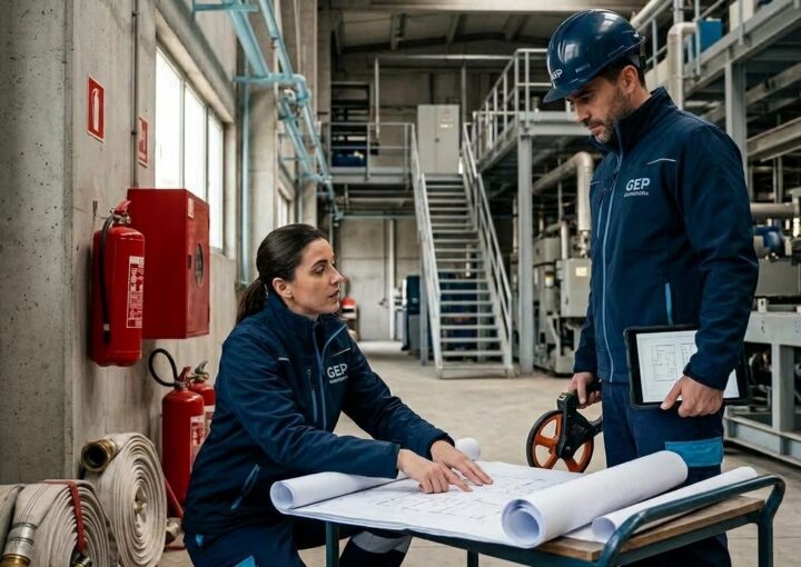 Técnico de manutenção em usina de aquecimentoTrabalhadores petroquímicos supervisionam operação de gasodutos e oleodutos na fábricaEngenheiros colocam protetor auditivo em sala com muitos canos