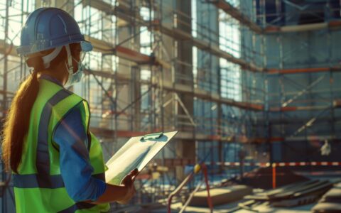 A inspeção do local de construção Descrição Um engenheiro de construção usando equipamento de segurança inspeciona um local de construção segurando um caderno