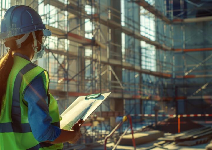 A inspeção do local de construção Descrição Um engenheiro de construção usando equipamento de segurança inspeciona um local de construção segurando um caderno