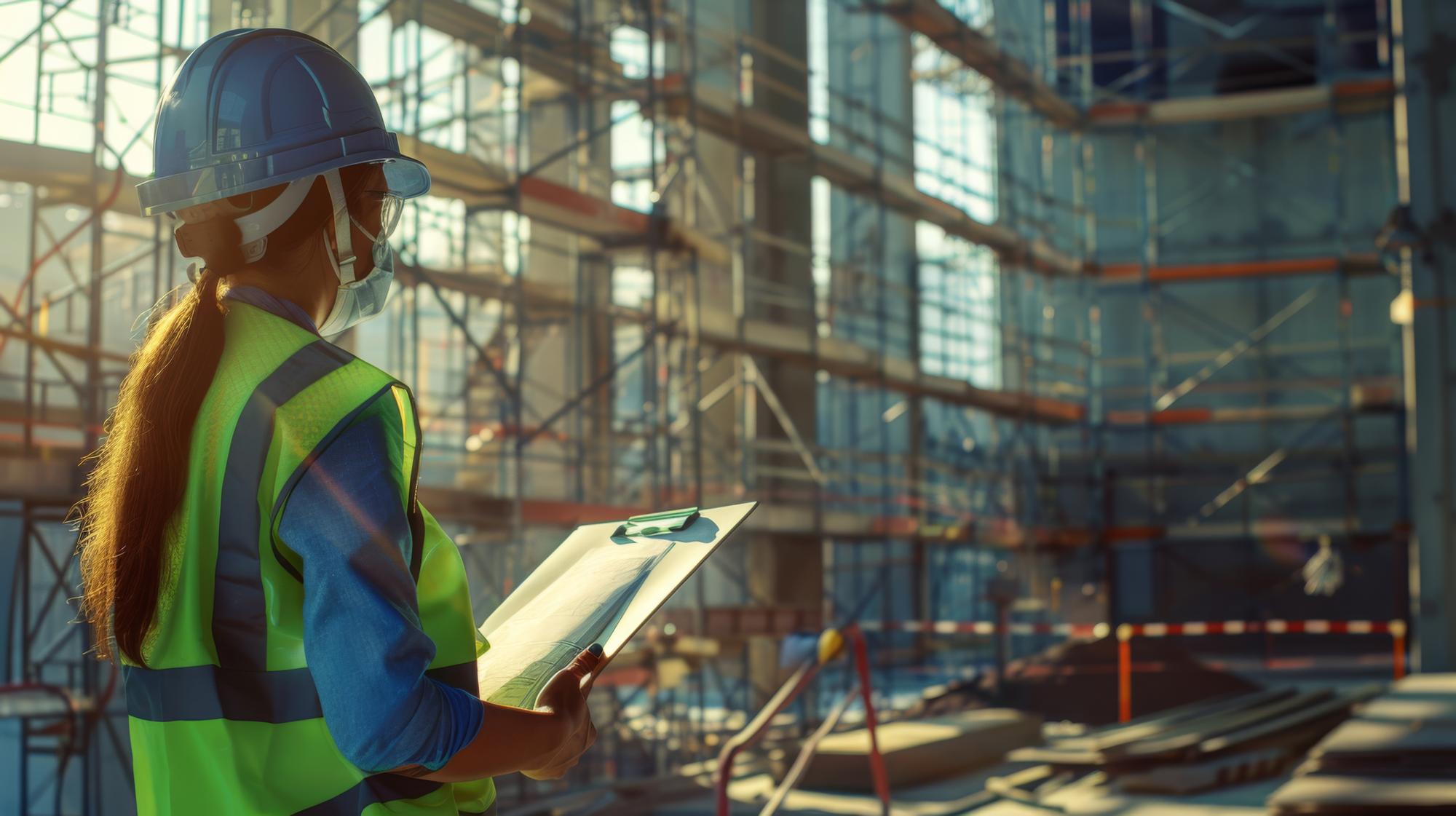 A inspeção do local de construção Descrição Um engenheiro de construção usando equipamento de segurança inspeciona um local de construção segurando um caderno